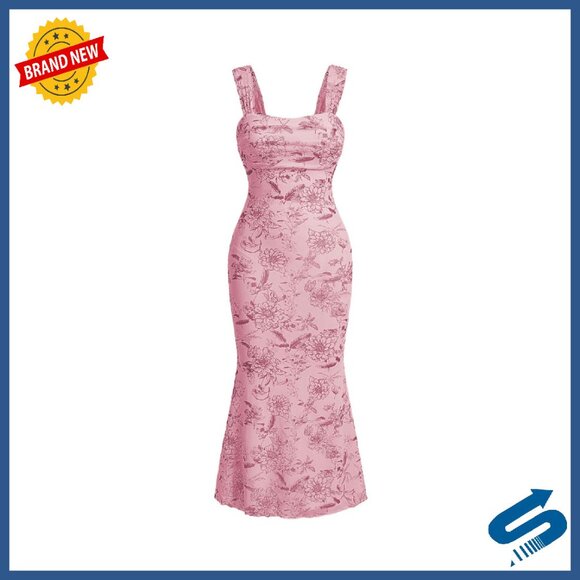 Floral Ruched Midi Dress Formal Wedding Guest Cocktail Party